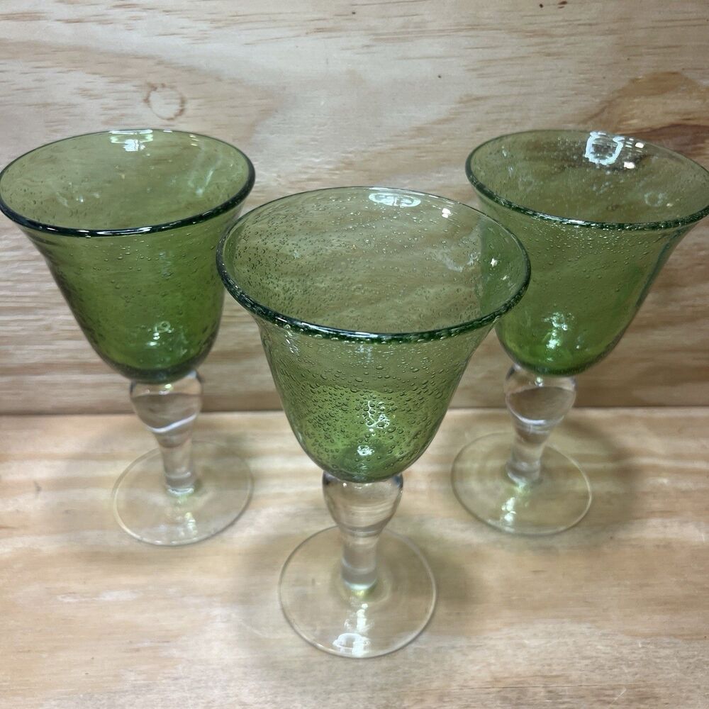 Set of 3 Artland Iris Sage Green Seeded Bubble Glass Wine Goblets - Hand Blown